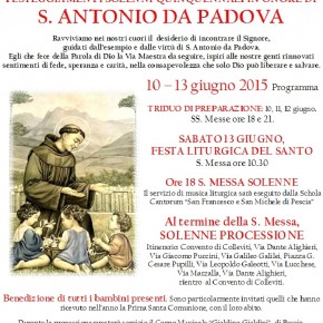 Pescia sabato 13 giugno : Festeggiamenti solenni quinquennali in onore di S. Antonio da Padova a Colleviti