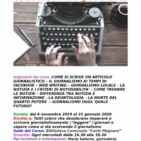 Biblioteca Comunale Carlo Magnani.Corso di scrittura giornalistica dal 6 novembre 2019 al 22 gennaio 2020