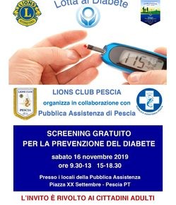 Pescia sabato 16 novembre. Screening gratuito per la prevenzione del diabete a cura dei Lions Club con la Pubblica Assistenza di Pescia.