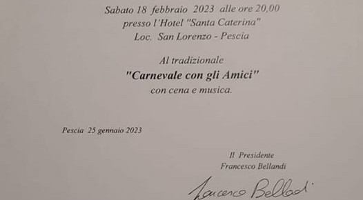 Associazione Amici di Pescia. Sabato 18 febbraio hotel S. Caterina ''Carnevale con gli Amici'' con cena e musica.