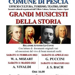 Pescia Palazzo del Vicario. Sabato 11 febbraio, 11 marzo, 22 aprile e 13 maggio '' 'Grandi musicisti della storia'' con relatore Antonio Lo Conte.