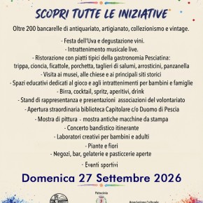 PESCIA IN FESTA DOMENICA 27 SETTEMBRE CON LE BANCARELLE  DELL 'ANTIQUARIATO E TANTE ALTRE INIZIATIVE IN TUTTO IL CENTRO STORICO