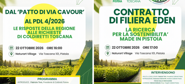 Giovedì 22 ottobre, dalle ore 16:00 presso il Naturart Village, Coldiretti Pistoia promuove un confronto tra imprese, enti di ricerca e Regione Toscana su semplificazioni normative e innovazione sostenibile Giovedì 22 ottobre, dalle ore 16:00 presso il Naturart Village, Coldiretti Pistoia promuove un confronto tra imprese, enti di ricerca e Regione Toscana su semplificazioni normative e innovazione sostenibile